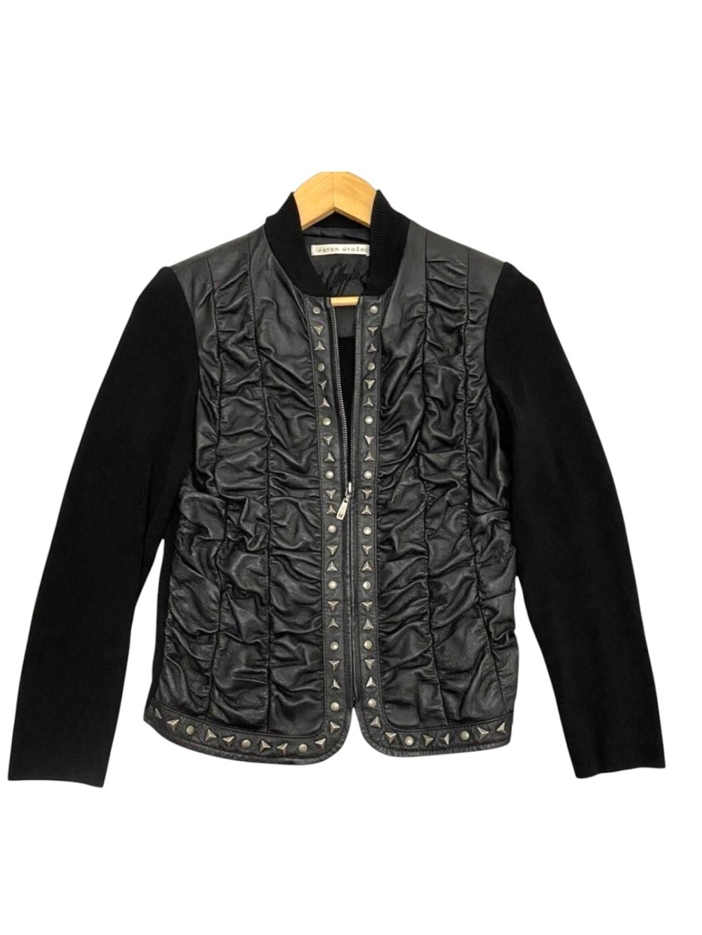 Peter Nygard black leather jacket & jersey studded zip long sleeve small/medium